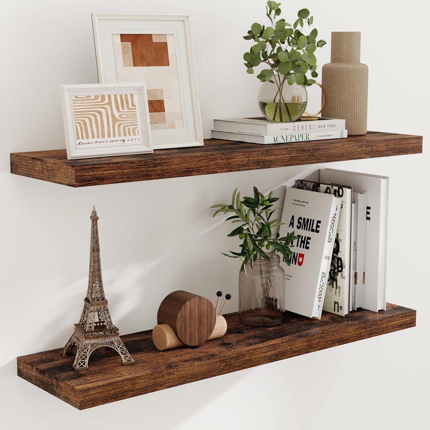 40 Inch Floating Shelvese, 40" W x 9.3" D Floating Shelf Set of 2, Farmhouse Wood Wall Shelves for Bedroom, Kitchen, Wall Mounted Deep Shelving for Home Decor, Rustic Brown Color