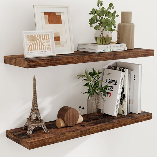 40 Inch Floating Shelvese, 40" W x 9.3" D Floating Shelf Set of 2, Farmhouse Wood Wall Shelves for Bedroom, Kitchen, Wall Mounted Deep Shelving for Home Decor, Rustic Brown Color