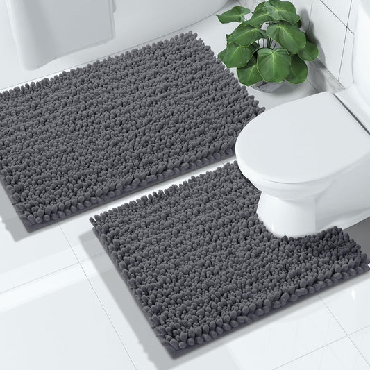 Yimobra Bathroom Rugs Sets 2 Piece - Quick Dry Extra Thick Luxury Chenille Bath Mat, Non Slip Super Absorbent for Tub Shower Sink, Machine Washable Shaggy Floor Mat, 32"x20"+24"x20" Inch, Dark Grey