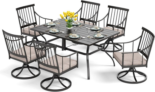 PHI VILLA 7 Pieces Outdoor Dining Set for 6, 60" Rectangle Black Steel Table with Umbrella Hole & Swivel Metal Iron Chairs with Cushions, Modern Furniture for Patio, Deck, Yard, Porch