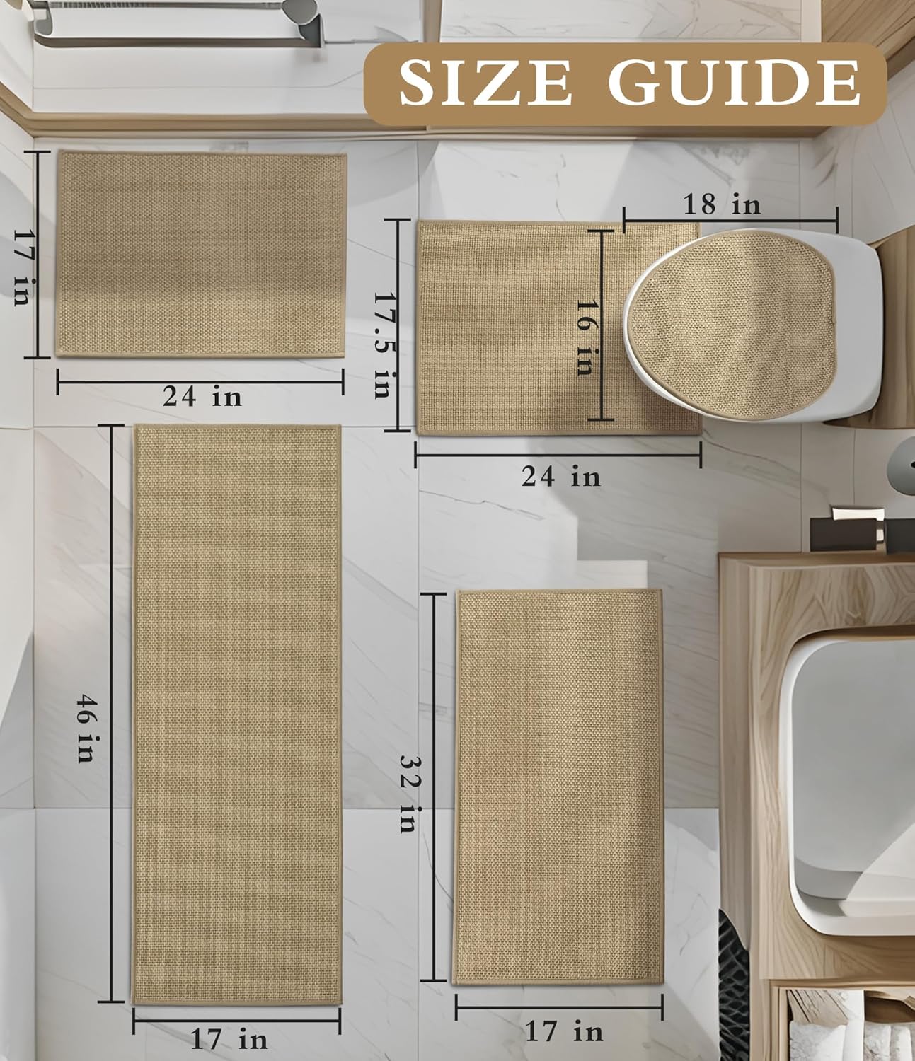 YIHOUSE Bathroom Rugs Sets 5 Pieces, Beige Ultra Thin Bath Mats Fit Under Door, Absorbent Quickly Dry Rubber-Backing Braided Bath Mat Set, Non Slip Washable Bath Rugs Mat for Bathroom Floor, Beige