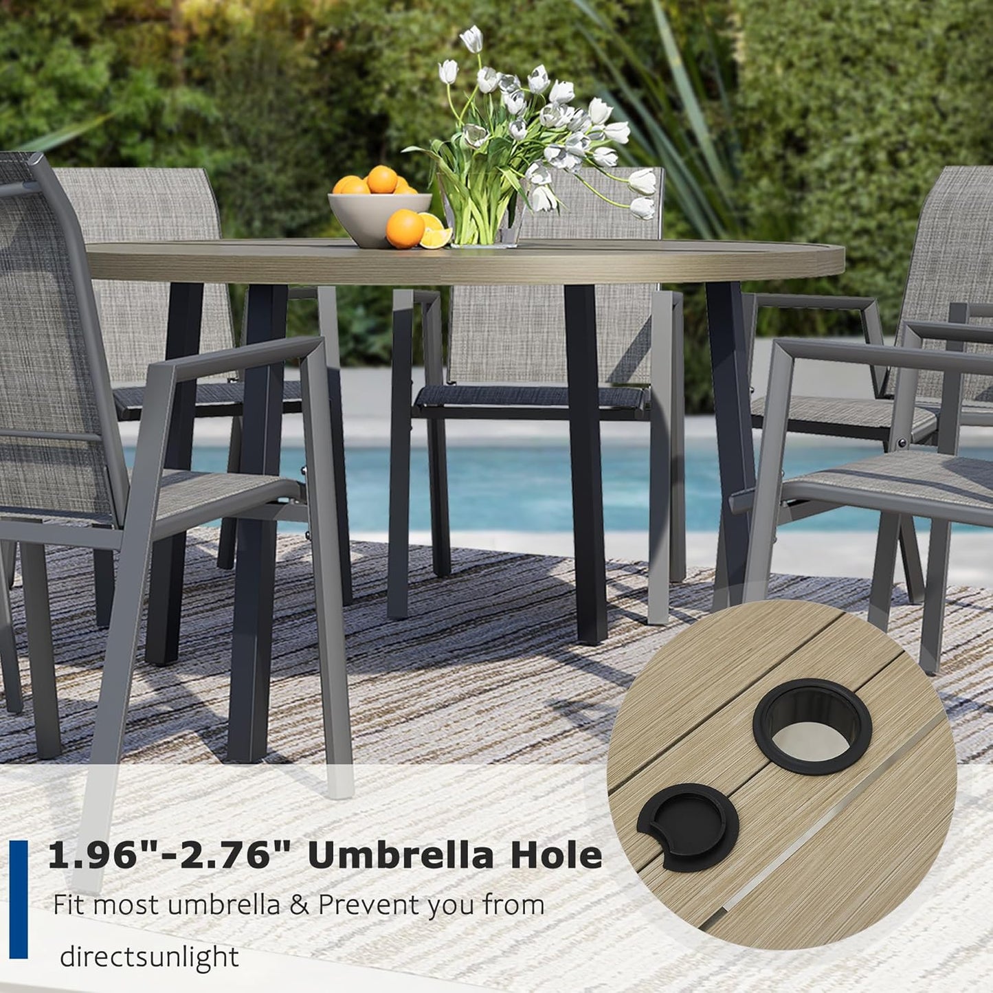 7 Piece Outdoor Dining Set, Patio Table and Chairs Set of 6, 47" Honey Oak Round Patio Table with 6 Grey Stackable Patio Chairs for Lawn, Garden, Porch