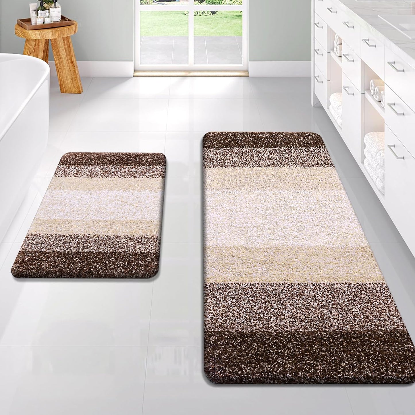 OLANLY Bathroom Rug Set 2 Piece, Soft Absorbent Microfiber Bath Rug Set, Non-Slip, Machine Wash Dry, Plush Shaggy Bath Mats for Bathroom (47"x20"+24"x16", Brown)