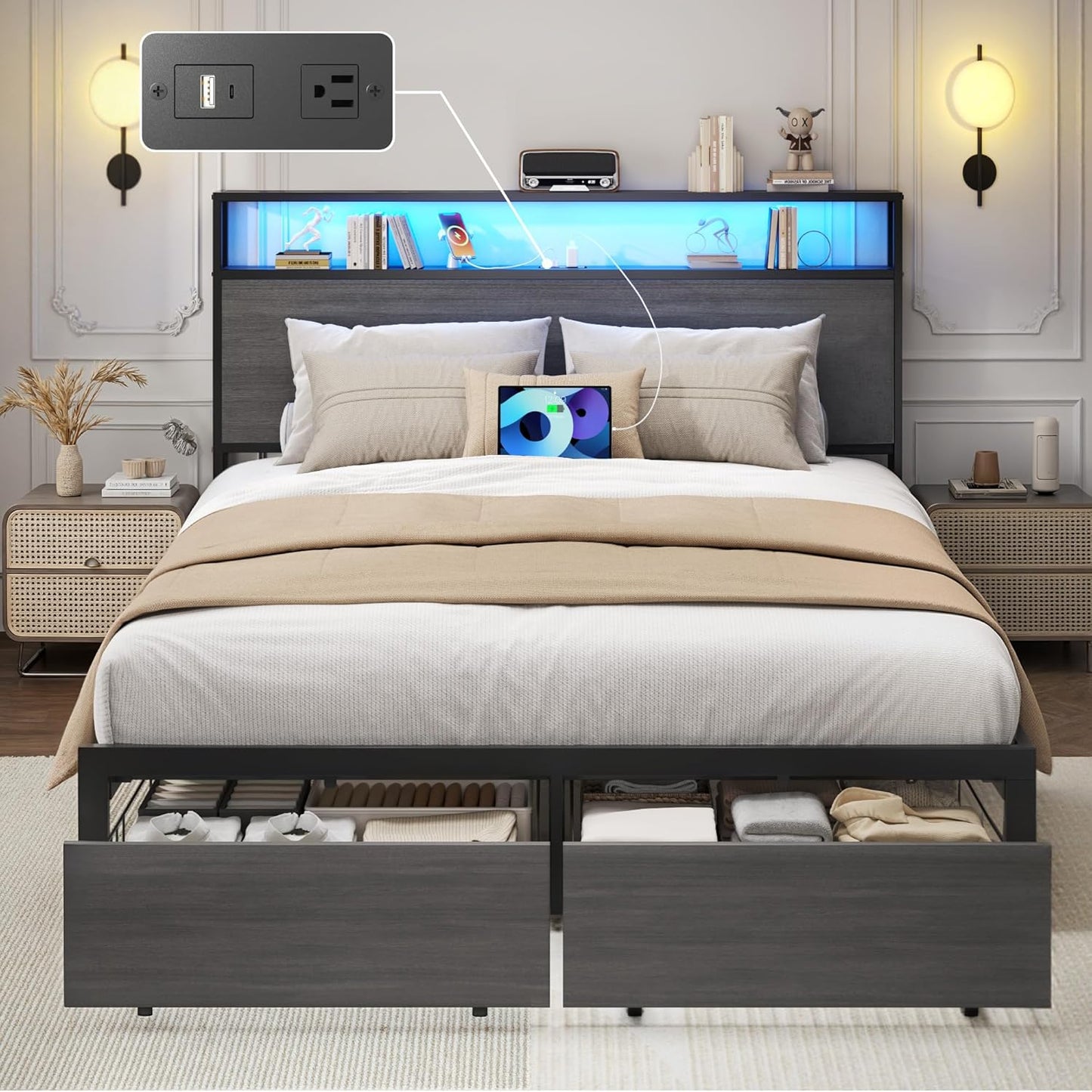 Lifezone Full Bed Frame with 2-Tier Storage Headboard, Metal Bed Frame with Storage Drawers & Built-in Charging Station & LED, Noise-Free, No Box Spring Needed, Easy Assembly, Rustic Grey