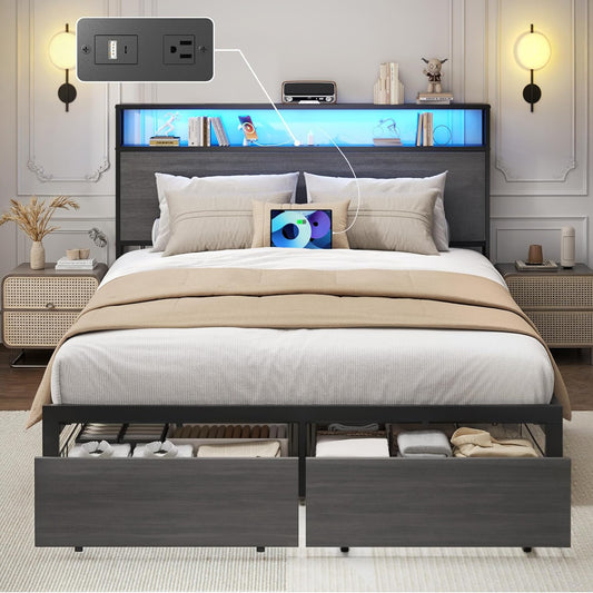 Lifezone Full Bed Frame with 2-Tier Storage Headboard, Metal Bed Frame with Storage Drawers & Built-in Charging Station & LED, Noise-Free, No Box Spring Needed, Easy Assembly, Rustic Grey