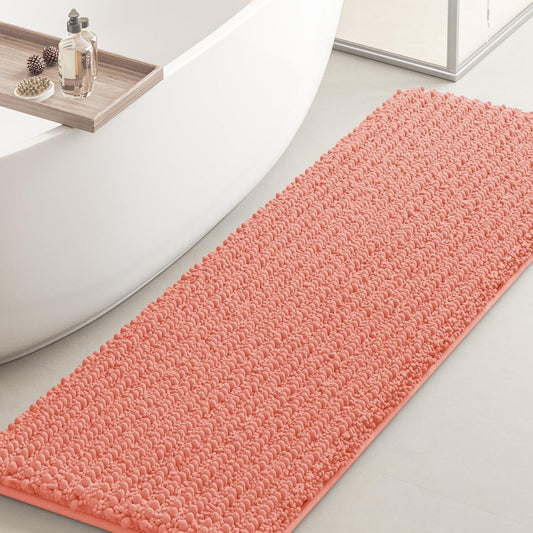 ACCUMTEK Upgrade Luxury Coral Bathroom Rug Mat 47.5"x17", Ultra Soft Thick Absorbent Bath Mats, Non Slip Chenille Toilet Mat for Bathroom, Bedroom, Kitchen, Shower, Tub
