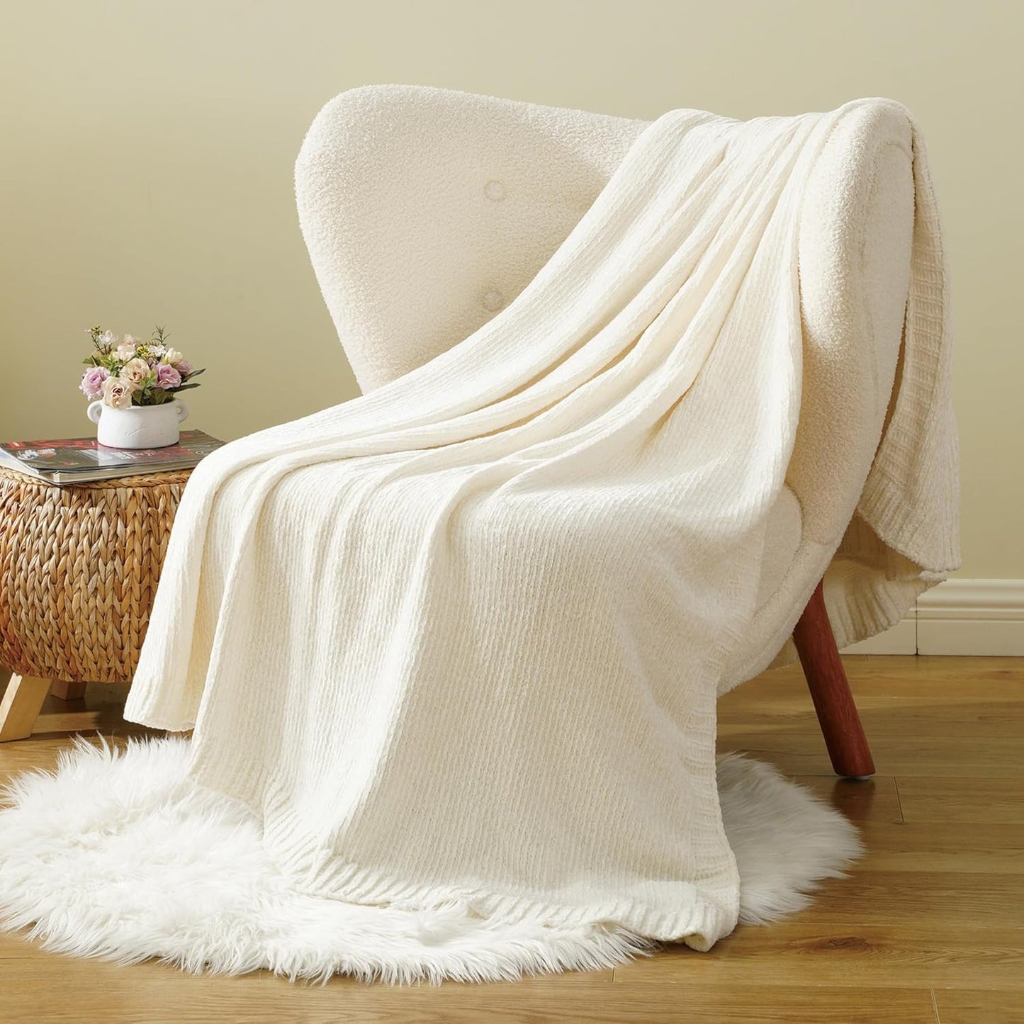 BATTILO HOME White Chenille Throw Blanket for Couch, Knit Cream Chenille Blanket for Bed, Sofa, Home Decor, Soft Warm Ivory Throw Blankets for Farmhouse,51"x67"