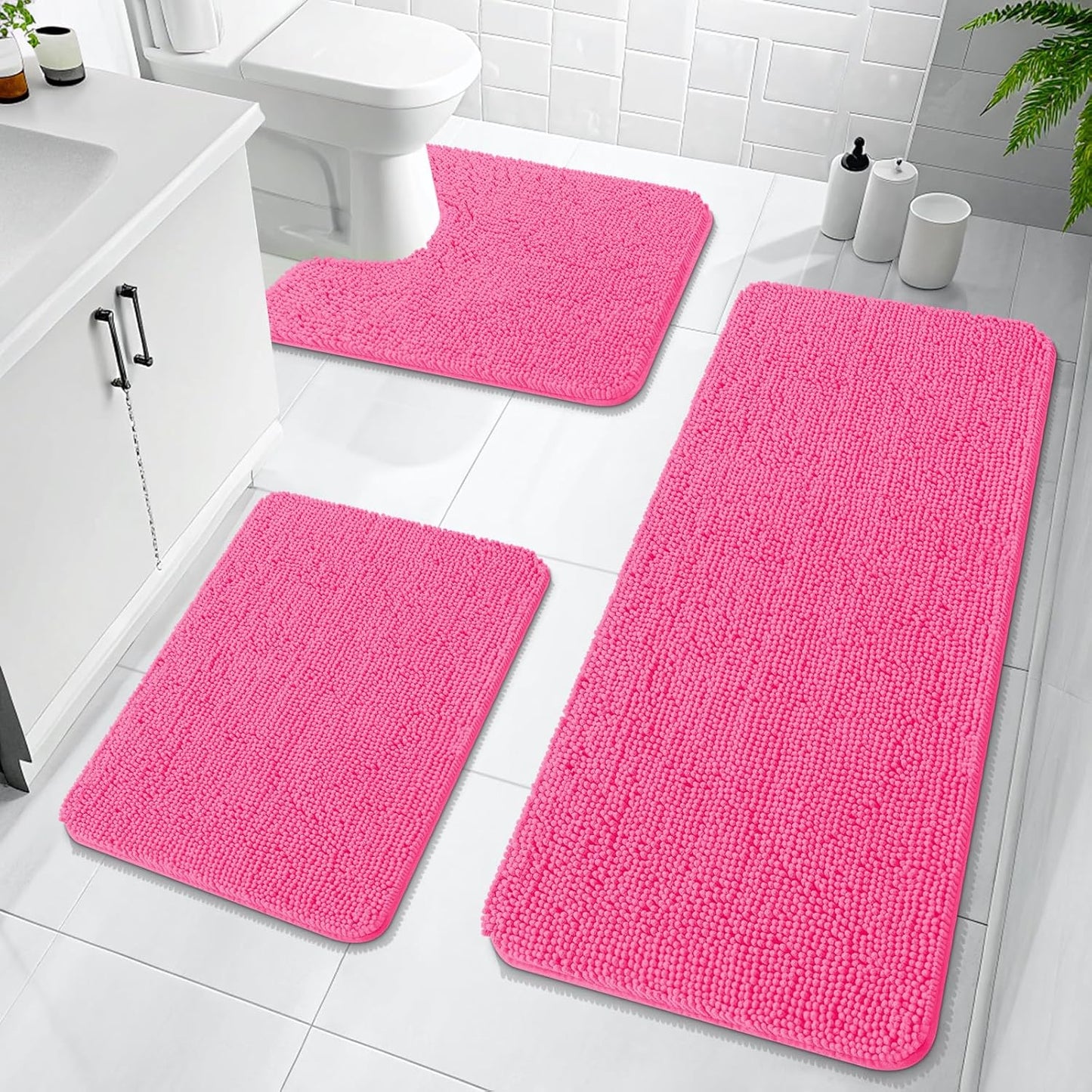 OLANLY Bathroom Rugs Sets 3 Piece, Soft Absorbent Chenille Bath Mats and U-Shaped Contour Toilet Rug, Quick Dry, Home Decor Accessories, Bath Mat Set for Bathroom (47"x20"+24"x16"+24"x20", Hot Pink)