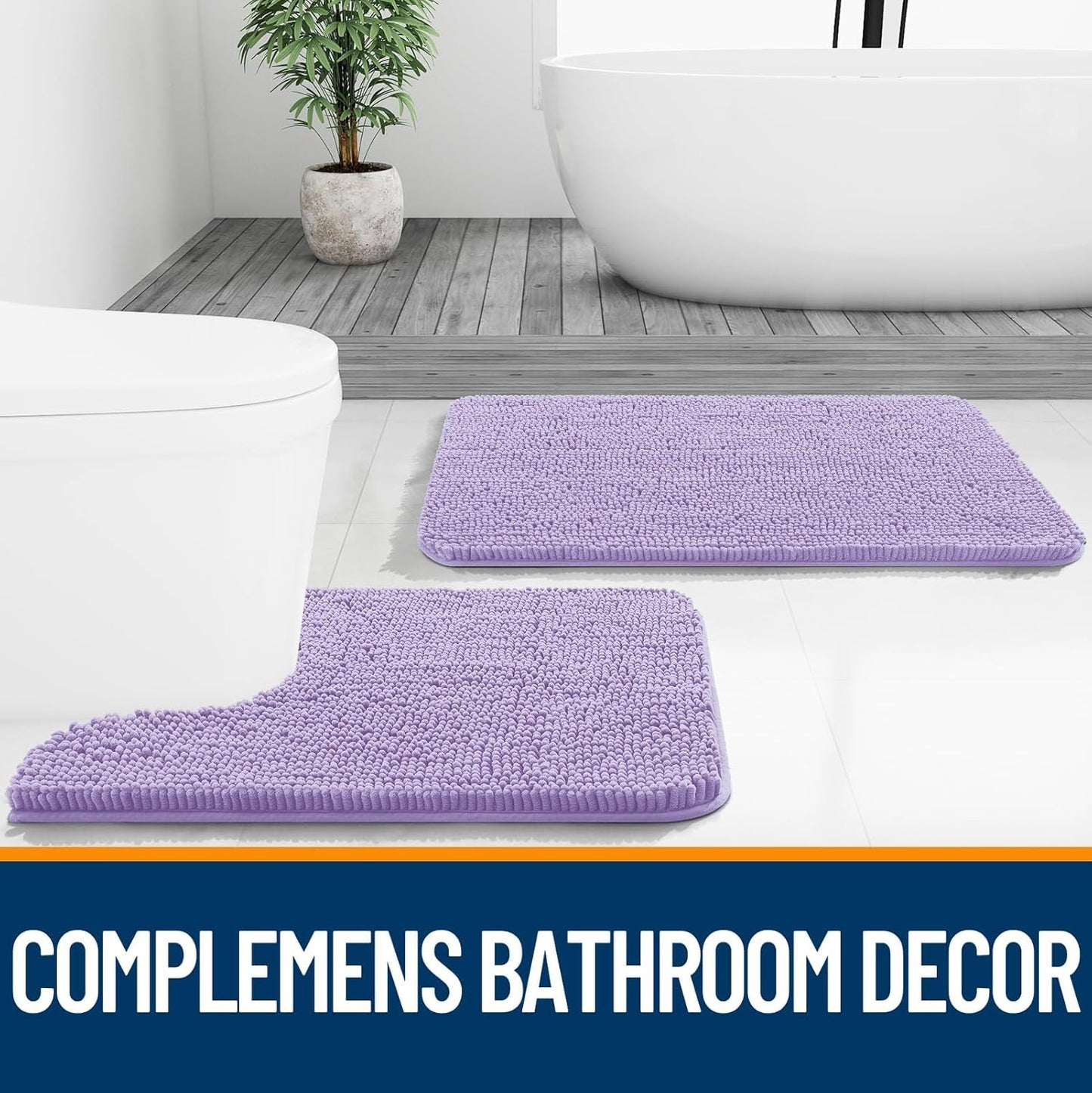 OLANLY Bathroom Rugs Sets 2 Piece, Soft Absorbent Chenille Bath Mats and U-Shaped Contour Toilet Mat Area Rug Set, Machine Washable Bath Carpet, Home Decor Accessories(24"x16"+24"x20", Lavender)