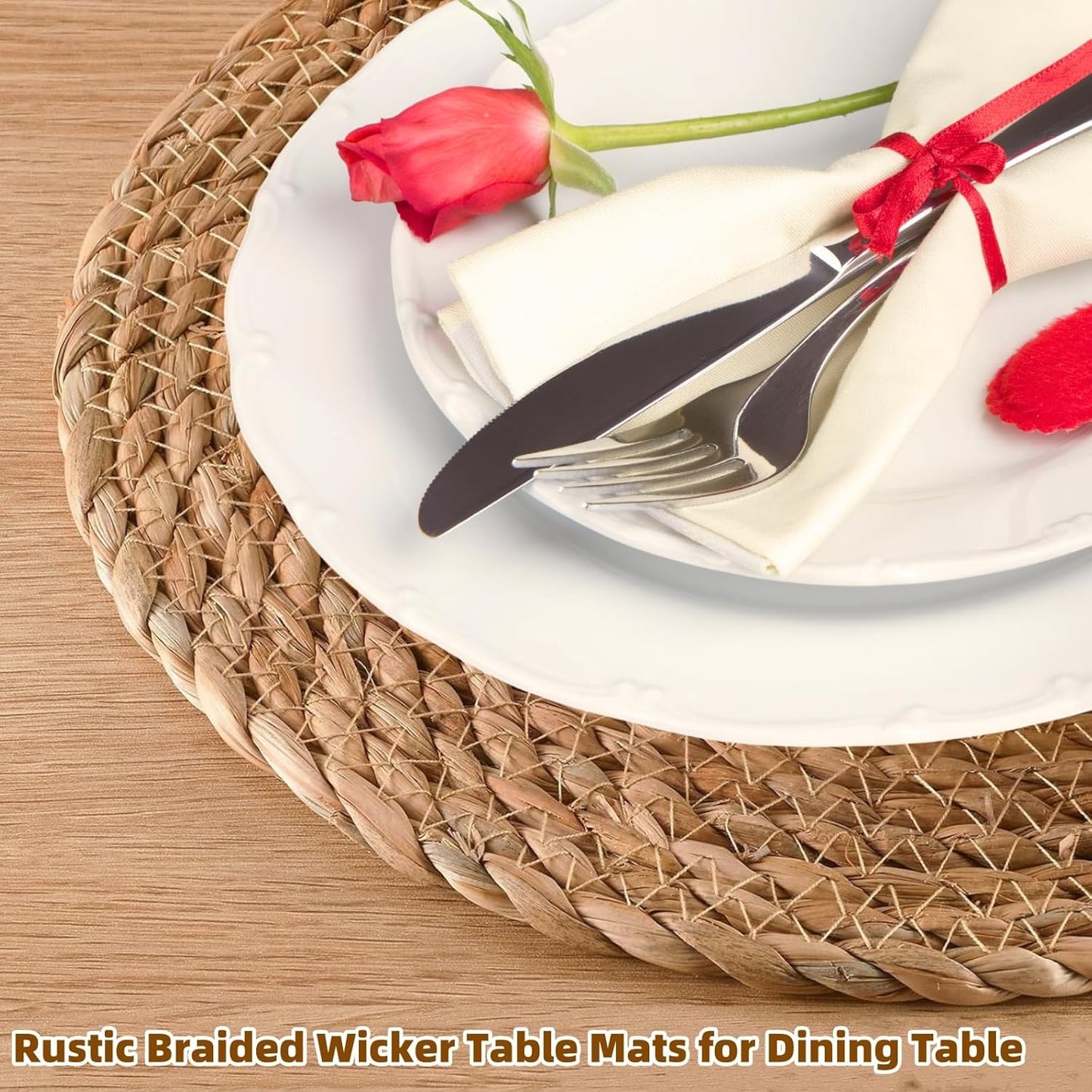 Round Woven Placemats Set of 6, 12" Boho Rattan Chargers for Dinner Plates, Natural Farmhouse Weave Place Mats, Rustic Braided Wicker Table Mats for Dining Table, Home, Outdoor