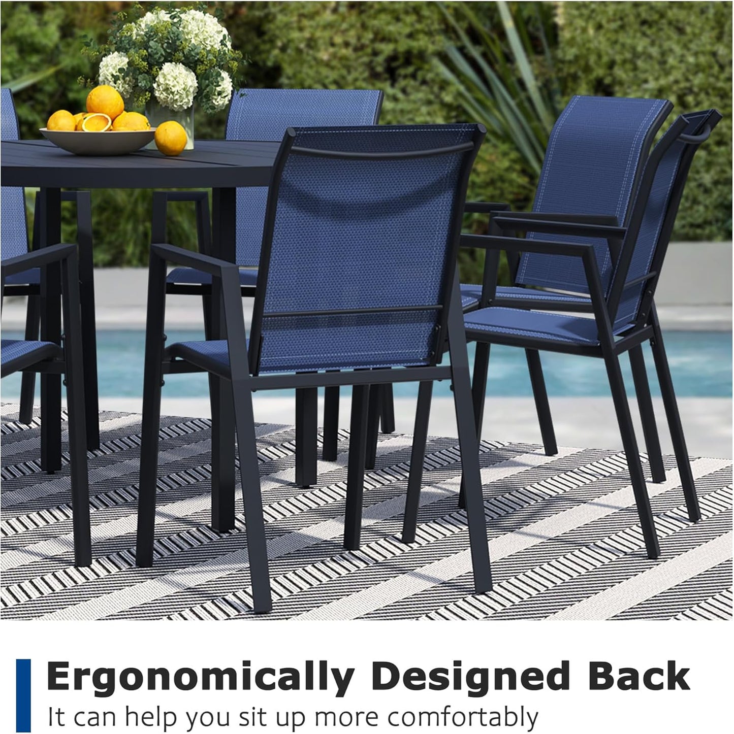 9 Piece Outdoor Dining Set, Patio Table and Chairs Set of 8, 60" Black Round Patio Table with 8 Blue Stackable Patio Chairs for Lawn, Garden, Porch