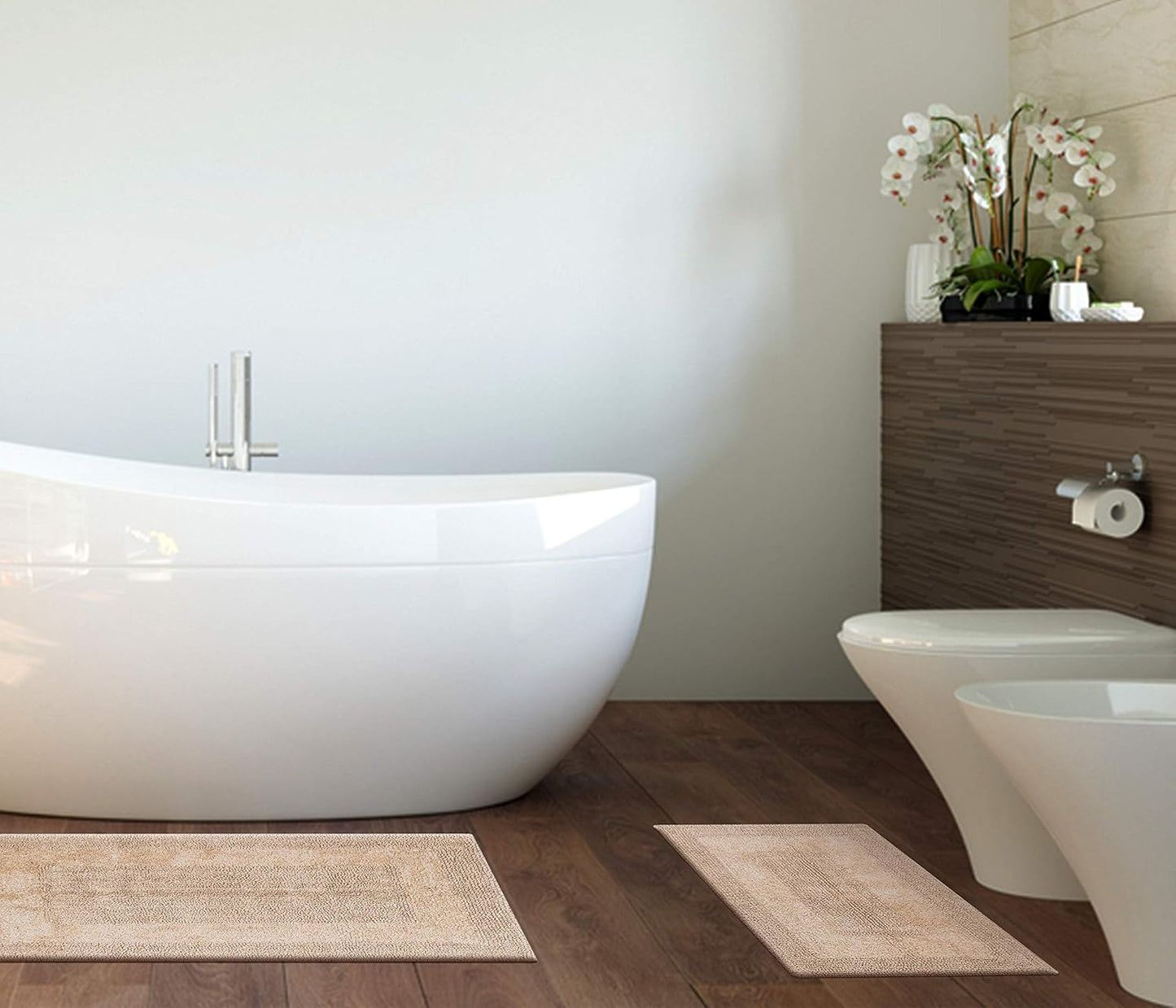 Bathroom Rugs Set 2 Piece Linen Beige Cotton Tufted Reversible Washable Bath Mats for Bathroom Floor| Quick Dry Bathroom Mat for Tub Spa Shower Toilet| Entry Way Door Mats|21x32 & 17x24 Inches