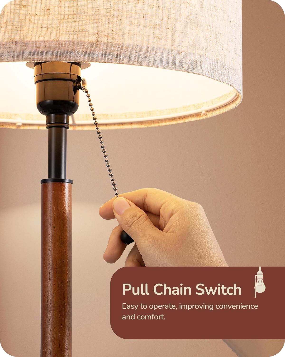 EDISHINE Mid Century Table Lamp, Pull Chain Switch Bedside Lamp with Linen Shade, Solid Wood Pole & Black Metal Base, Modern Nightstand Lamp for Bedroom, Living Room, Office, E26 Base