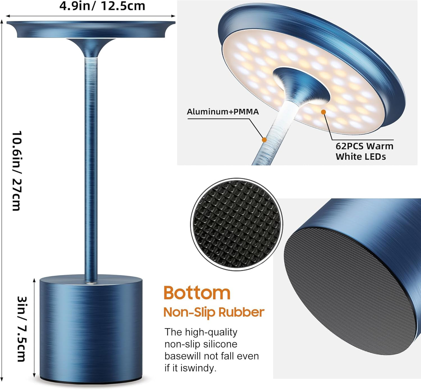 Cordless Table Lamp, Portable Rechargeable 6000mAh Outdoor Table Lamp, 3 Color Stepless Dimming Battery Powered Lamp, LED Table Light for Dinner/Restaurant/Outdoor (Blue)