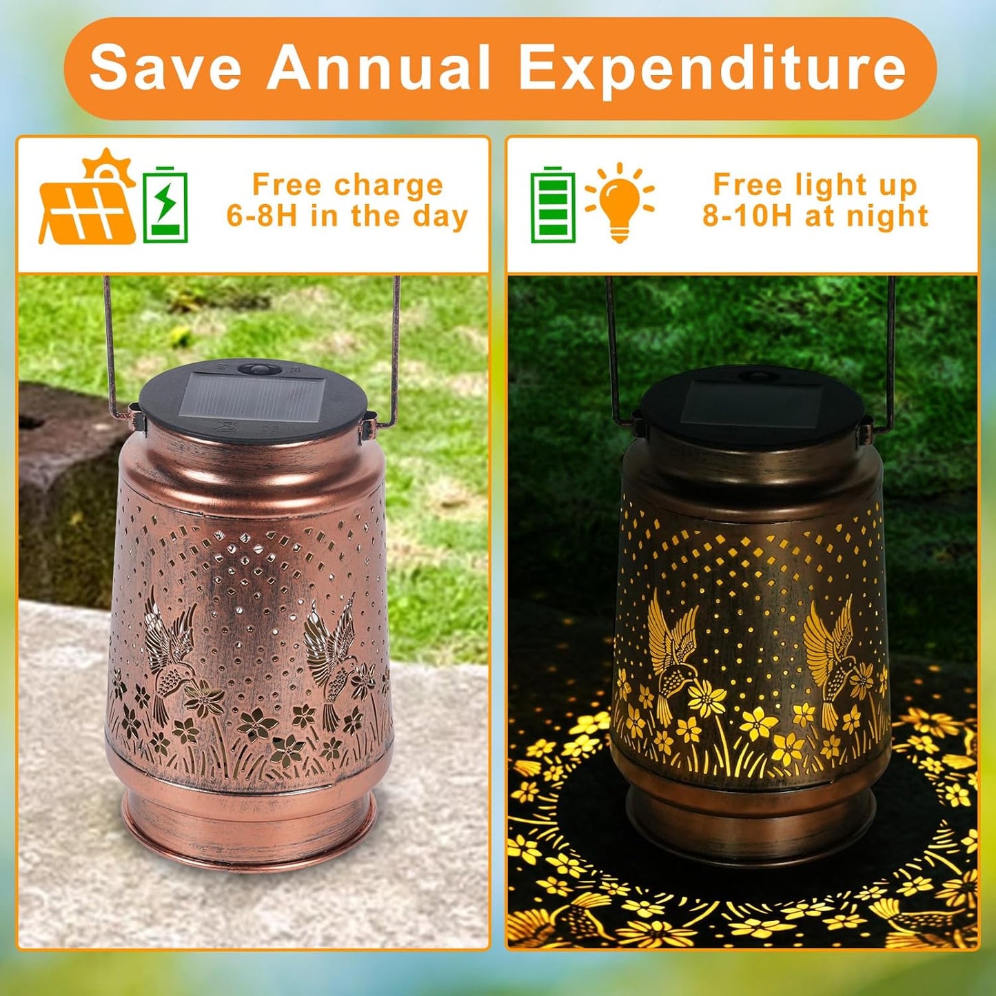 Hummingbird Solar Lantern - Waterproof Hanging Lantern, Metal Solar Lights for Outdoor Use on Yard, Patio, Lawn, Tabletop, Landscape, Garden Decor, Gifts for Mom, Grandma, Women