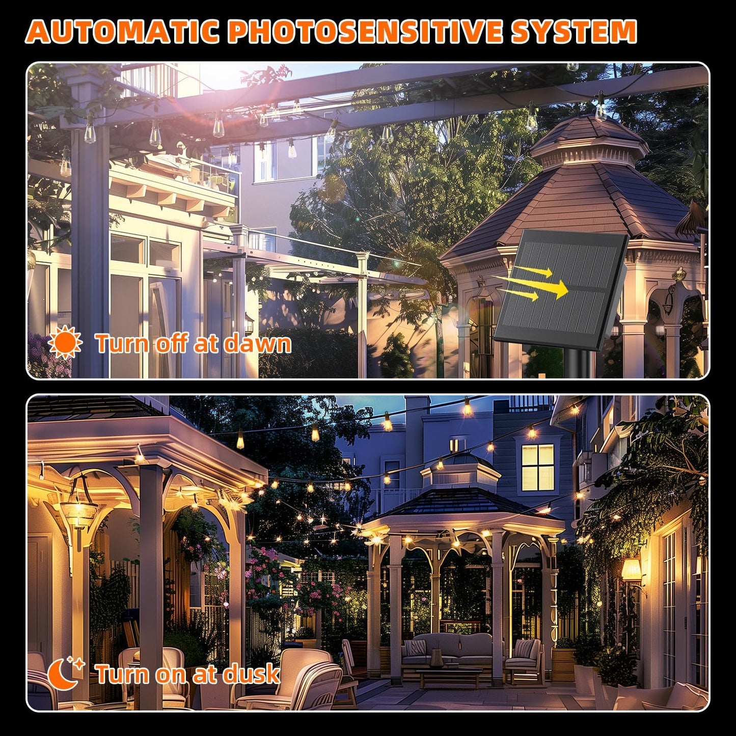 Kawaya Solar Powered String Lights: 50 FT LED Outdoor Patio Hanging Lights With 25+2 Edison Bulbs - USB-Charging - IP65 Waterproof