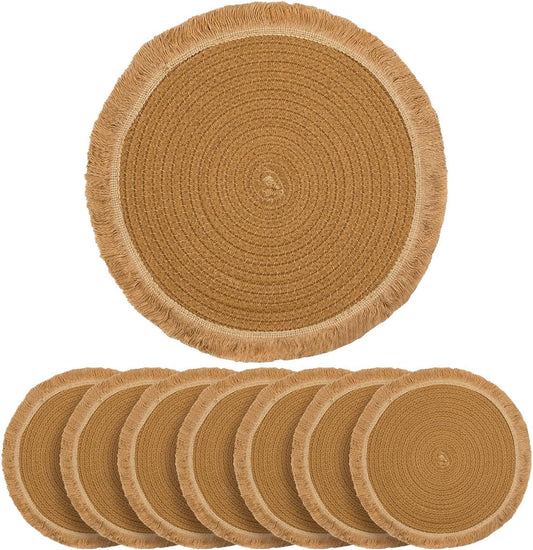 13.8 in Round Woven Placemats Set of 8, Washable Cotton Rope Place Mats for Dining Table Decor, Boho Farmhouse Rustic Table Mats Plate Chargers for Dinner Plates