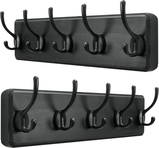 SKOLOO Rustic Wall Mounted Coat Rack, Case of 2, Pine Solid Wood Coat Hook Hanger - 5 Hooks for Hanging Clothes Robes Towels Coats