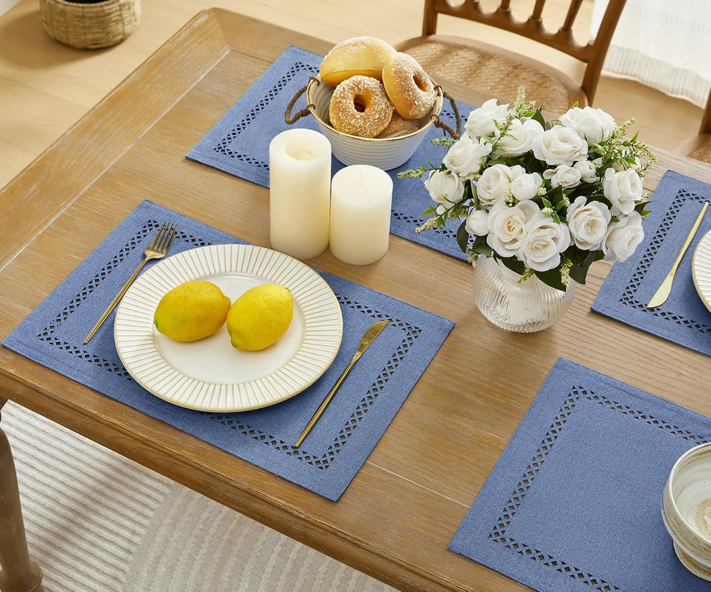 Burlap Placemats Set of 4, 12 x 18 Inch Rustic Geometric Hollow Place Mats, Heat Resistant Placemats for Farmhouse Kitchen Table Decor, Blue 4PCS