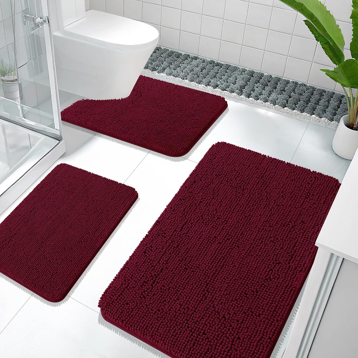 OLANLY Bathroom Rugs Sets 3 Piece, Soft Absorbent Chenille Bath Mats and U-Shaped Contour Toilet Rug, Quick Dry, Home Decor Accessories, Bath Mat Set for Bathroom (36"x24"+24"x16"+24"x20", Burgundy)
