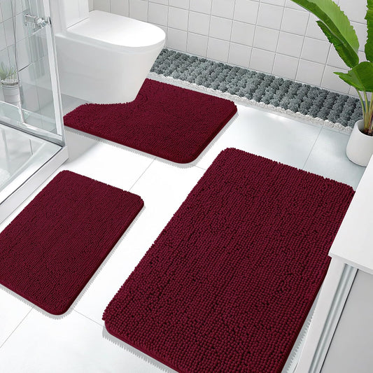 OLANLY Bathroom Rugs Sets 3 Piece, Soft Absorbent Chenille Bath Mats and U-Shaped Contour Toilet Rug, Quick Dry, Home Decor Accessories, Bath Mat Set for Bathroom (36"x24"+24"x16"+24"x20", Burgundy)