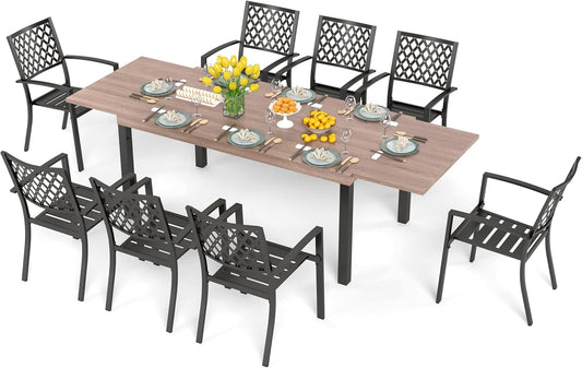 PHI VILLA 9 Pieces Outdoor Dining Set for 8, Expandable Wood-Like Metal Table & Wrought Iron Stackable Chairs, Large Dining Furniture for Patio, Deck, Backyard, Porch