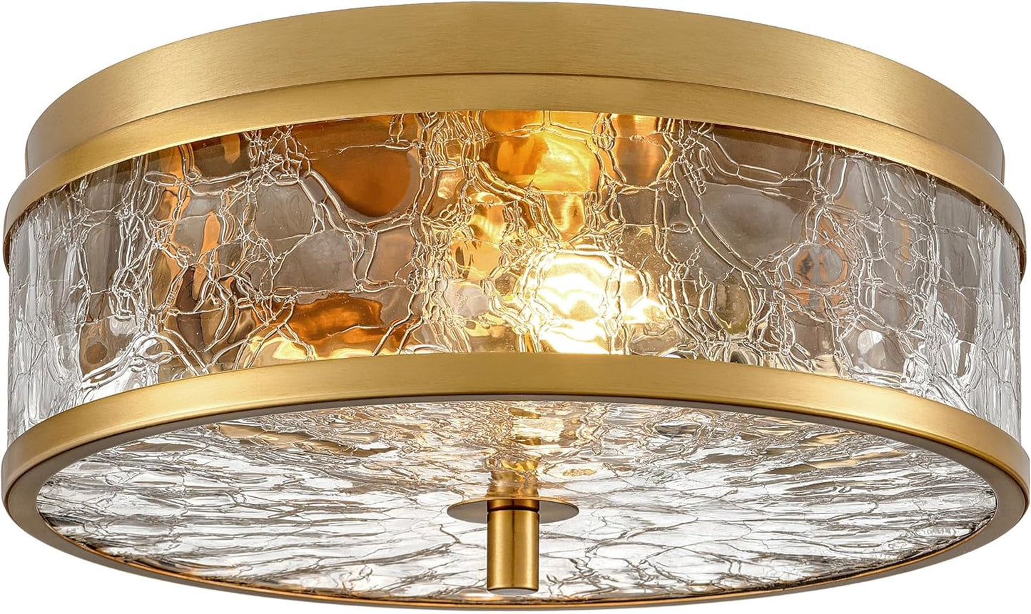 LamQee 12 Inch Flush Mount Ceiling Light with Crackled Glass Shade, 2-Lights Modern Farmhouse Close To Ceiling Lighting Fixture for Hallway Kitchen Bedroom Bathroom Foyer Entryway, Brushed Gold Finish