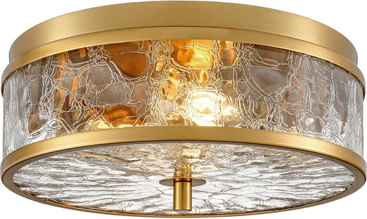 LamQee 12 Inch Flush Mount Ceiling Light with Crackled Glass Shade, 2-Lights Modern Farmhouse Close To Ceiling Lighting Fixture for Hallway Kitchen Bedroom Bathroom Foyer Entryway, Brushed Gold Finish