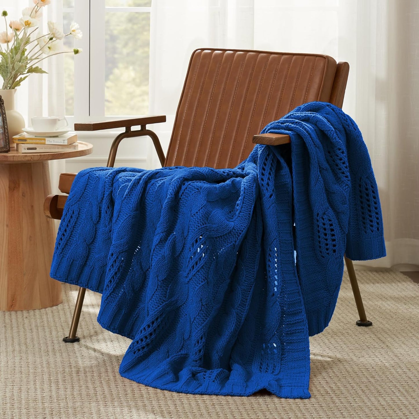 Amélie Home Chunky Knit Throw Blanket, Dual-Sided Soft Chenille Breathable Cable Knitted Blanket for Couch, Farmhouse Decorative Throw for Sofa & Chair, 50"x60", Blue