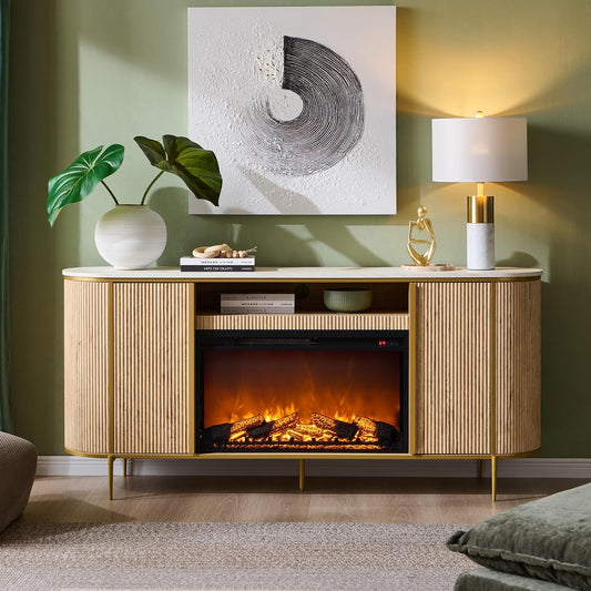 OKD Luxury 70" Fluted Fireplace TV Stand, Modern Chic Entertainment Center for TVs Up to 80 inches, TV Console with Faux Marble Top, Curved Profile Design, Media Console for Living Room, Natural Oak