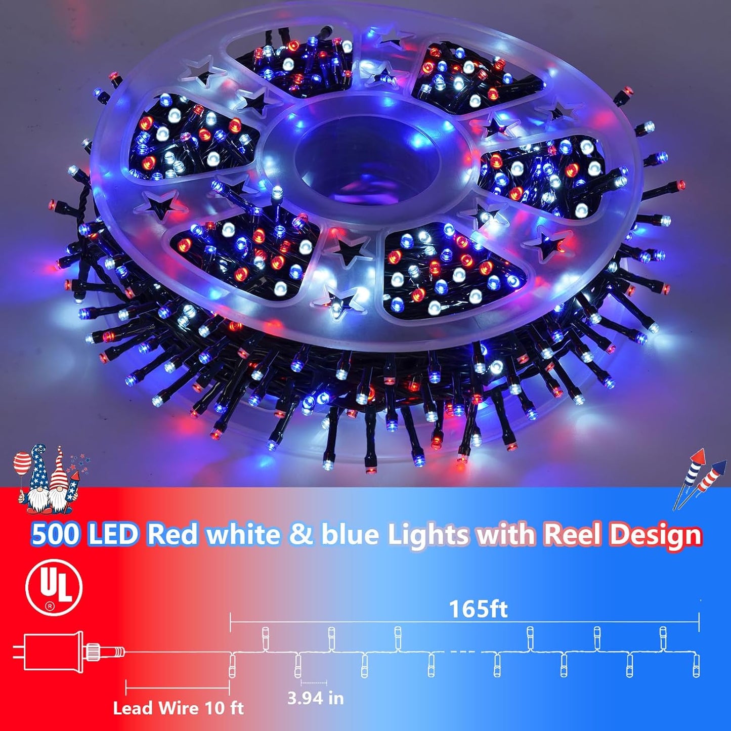 YEGUO 500LED 165ft 4th of July led Lights Outdoor Waterproof, Patriotic String Lights Plug in, Red White Blue led String Lights Indoor for 4th of July Memorial Day Independence Day Decor