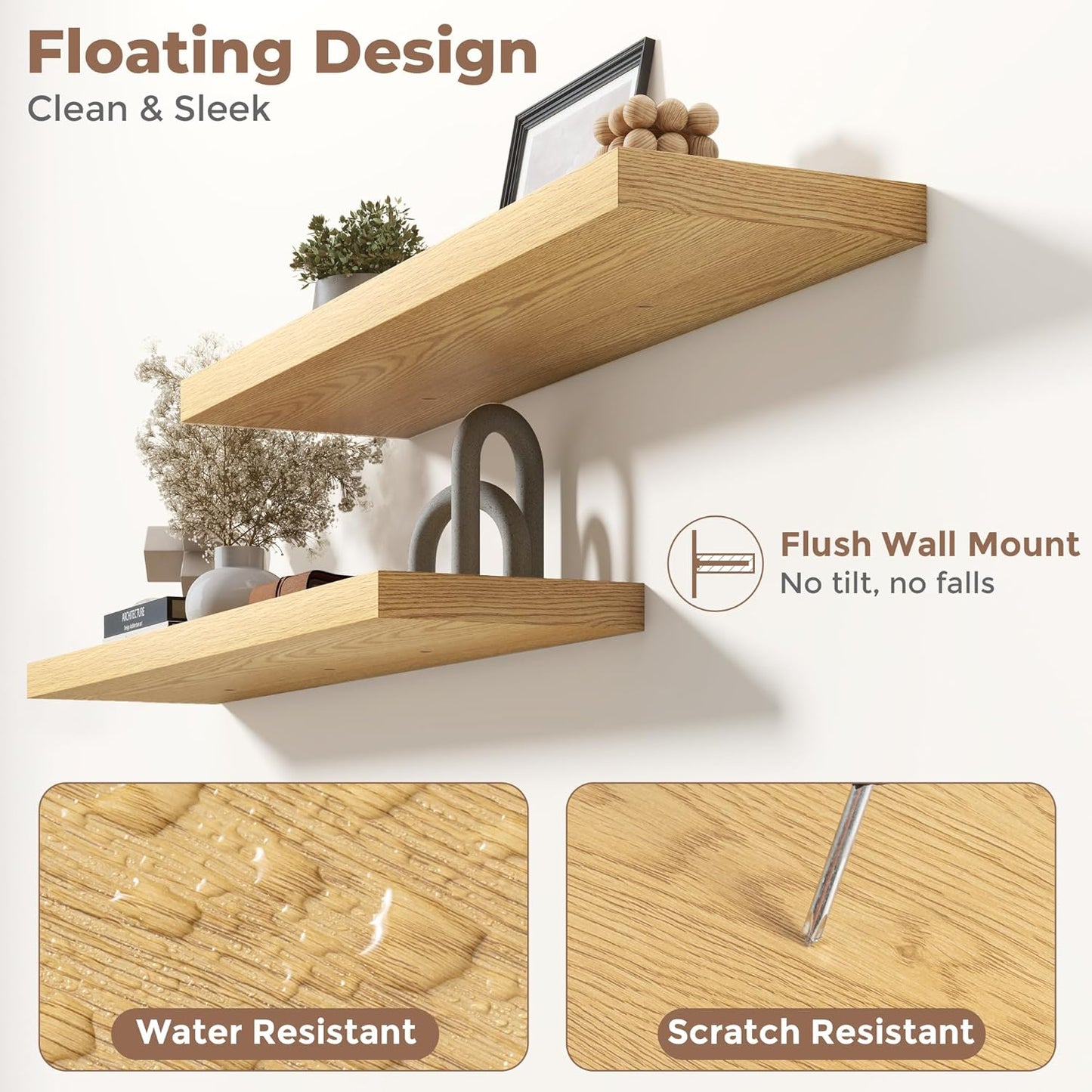 Floating Shelves for Wall with Invisible Brackets, Wall Mounted Engineered Wood Shelves with Wood Grain for Living Room, Bedroom, Bathroom, Kitchen Decor and Storage, Oak, 24"L Set of 2, Oak