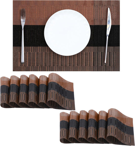 Leetaltree Brown with Black Striped Placemats Set of 12 - Heat Resistant Non-Slip Place mats for Dining Table, Washable Durable PVC Vinyl Woven Table Mats（Brown Stripe, 12）