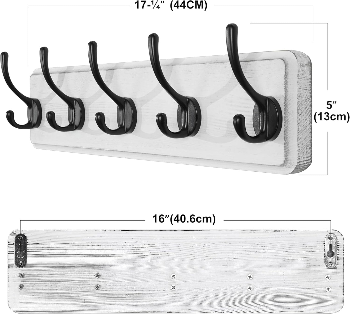 SKOLOO Rustic Wall Mounted Coat Rack, Pine Solid Wood Coat Hook Hanger - 5 Hooks for Hanging Clothes Robes Towels Coats