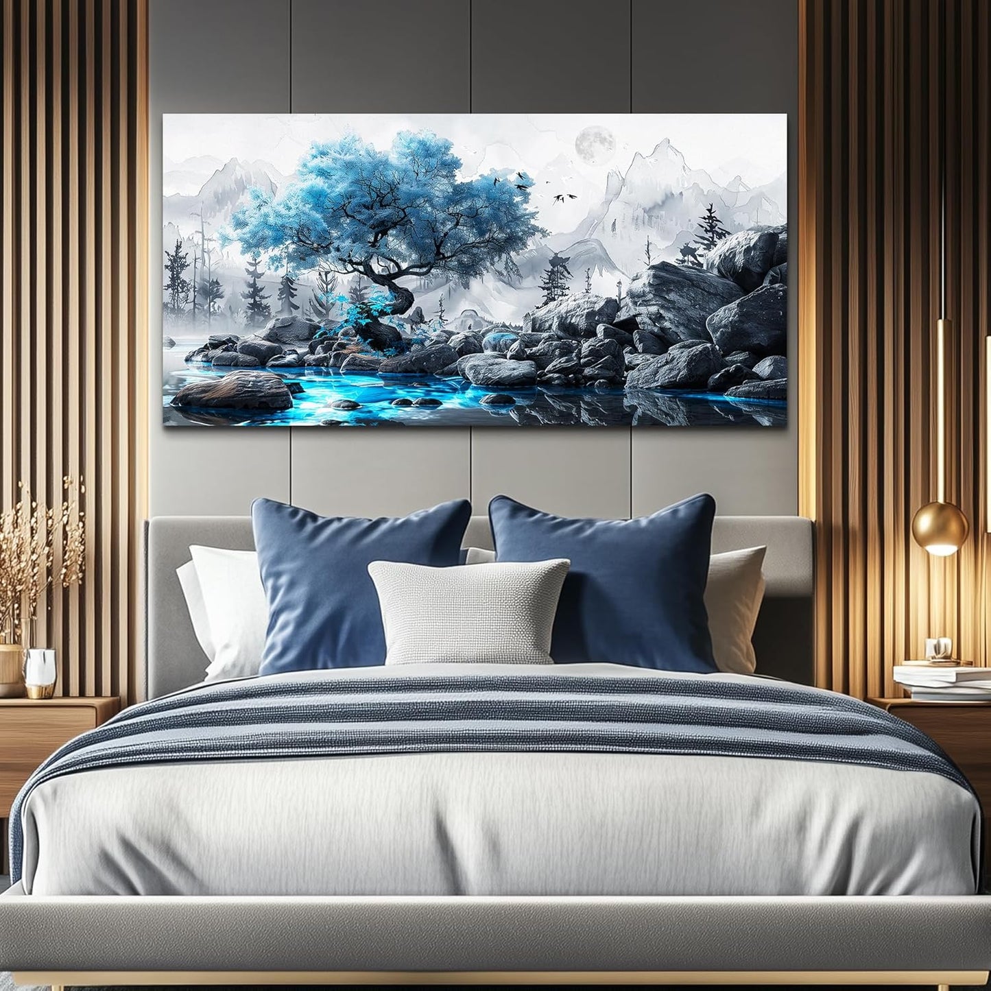 FUHUAHAI Canvas Wall Art For Living Room Framed Wall Decor For Bedroom Modern Office Decoration Black And White Ink Landscape Painting Blue Tree Wall Pictures Artwork Ready To Hang Home Decor 20x40