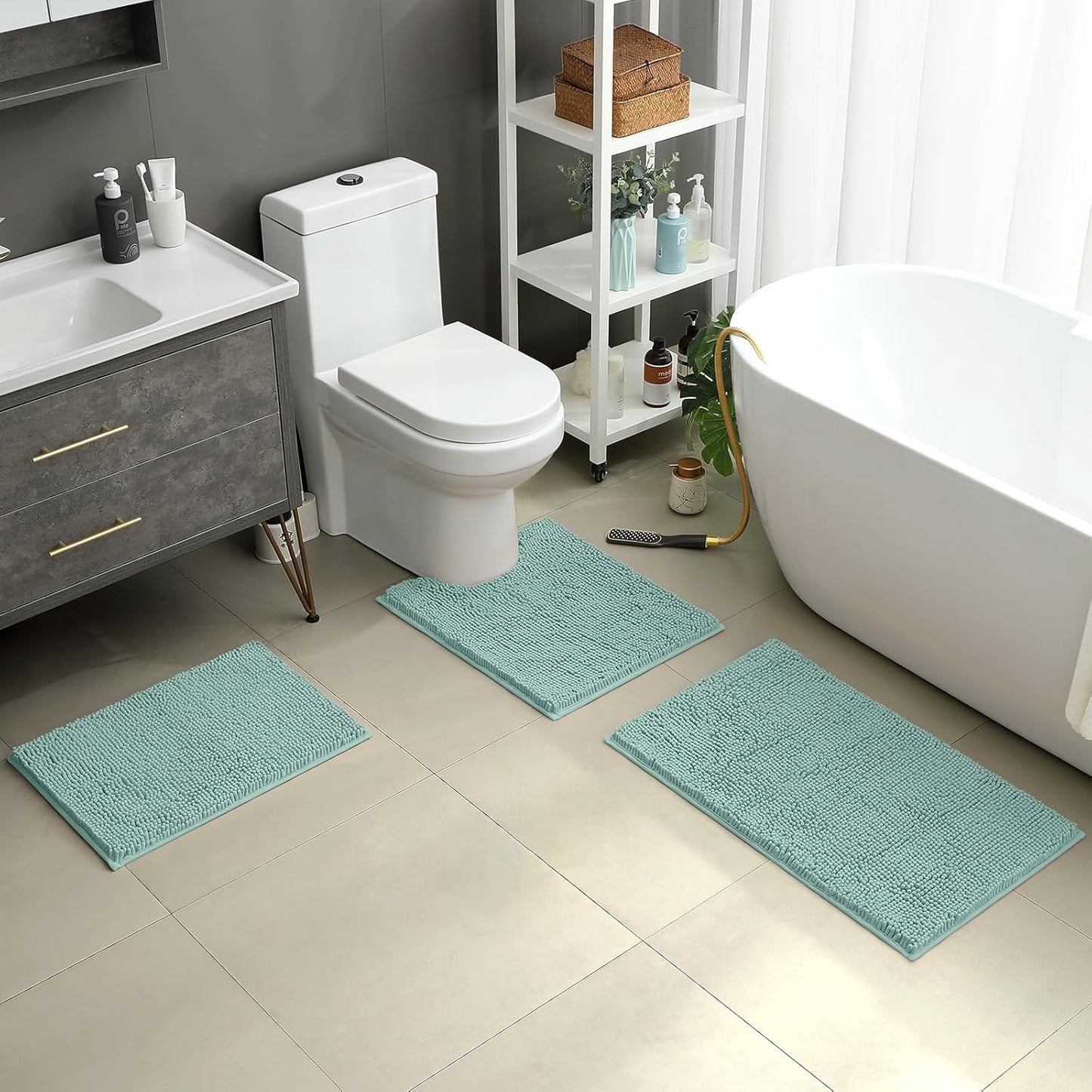 HOMEIDEAS 3 Pieces Bathroom Rugs, Ultra Soft Non Slip Absorbent Chenille Toilet Bath Mat Set (Eggshell Blue,17"x24"+20"x32"+U Shape 20"x24")