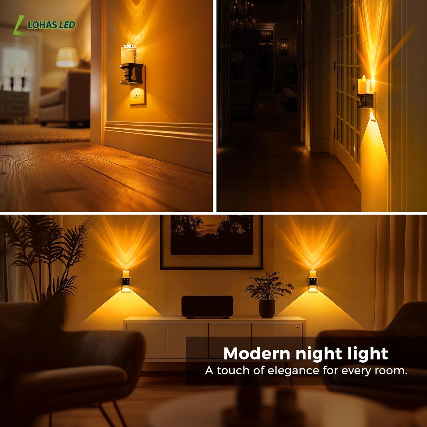 L LOHAS LED Flameless Candle Night Light, 2 Pack Amber Night Lights Plug into Wall, 0-100LM Dimmable Nightlight, LED Candle Night Light with Light Sensor, for Living Room, Bathroom, Hallway
