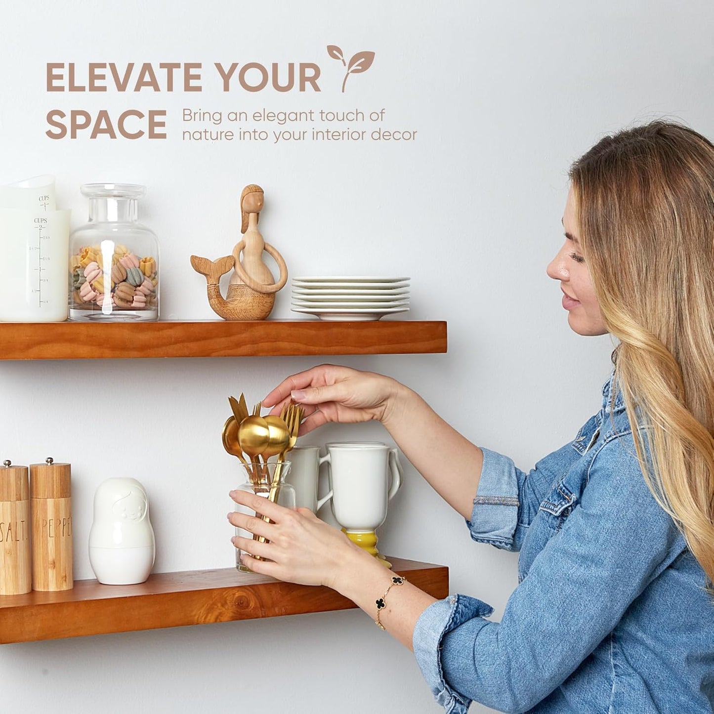 Homeforia Oak Floating Shelves 42 inch Long, High End Solid Real Wood 42inch Floating Shelf for Wall Mounted, Honey Oak Wooden 42in Floating Shelves, Heavy Duty Bracket, 42 X 6.5 X 1.75 in, Set of 2