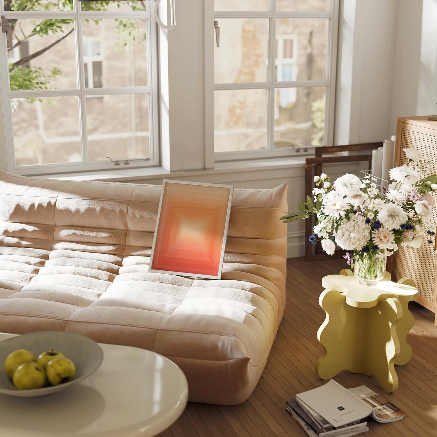 HAUS AND HUES Colorful Abstract Wall Art - Minimalist Retro Picture for Living Room Decor, Red and Pink Modern Wall Art Painting (Pink Geometric 2, White Frame, 12x16)