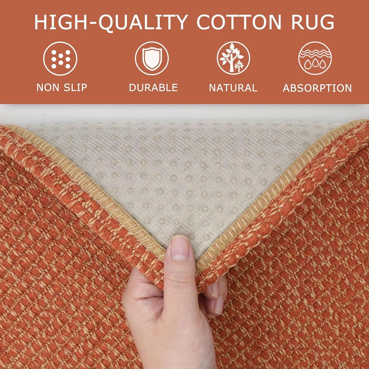 KOZYFLY Washable Area Rug 6x9 ft Rubber Backed Non Slip Rugs for Living Room Braided Cotton Bedroom Rug Woven Office Rugs Indoor Outdoor Floor Carpets for Dining Bedroom Living Room, Orange/Tan