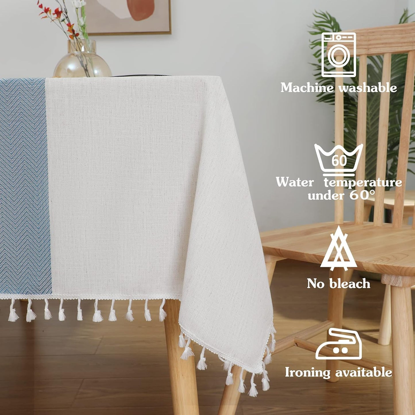 JIALE Tablecloths for Rectangle Tables,Cotton Linen Table Cloth Waterproof Tablecloth Wrinkle Free Farmhouse Dining Tables Cover,Soft Fabric Table Cloths with Tassels, Blue, 55" X 55",2-4 Seats