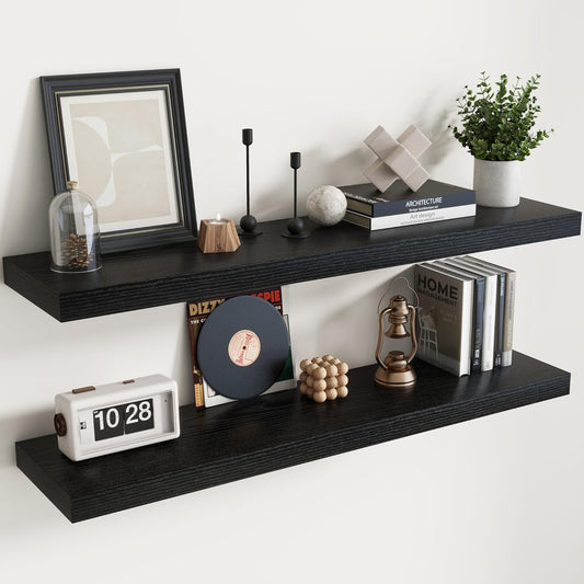 Floating Shelves for Wall with Invisible Brackets, Wall Mounted Engineered Wood Shelves with Wood Grain for Living Room, Bedroom, Bathroom, Kitchen Decor and Storage, Oak, 48"L Set of 2, Black