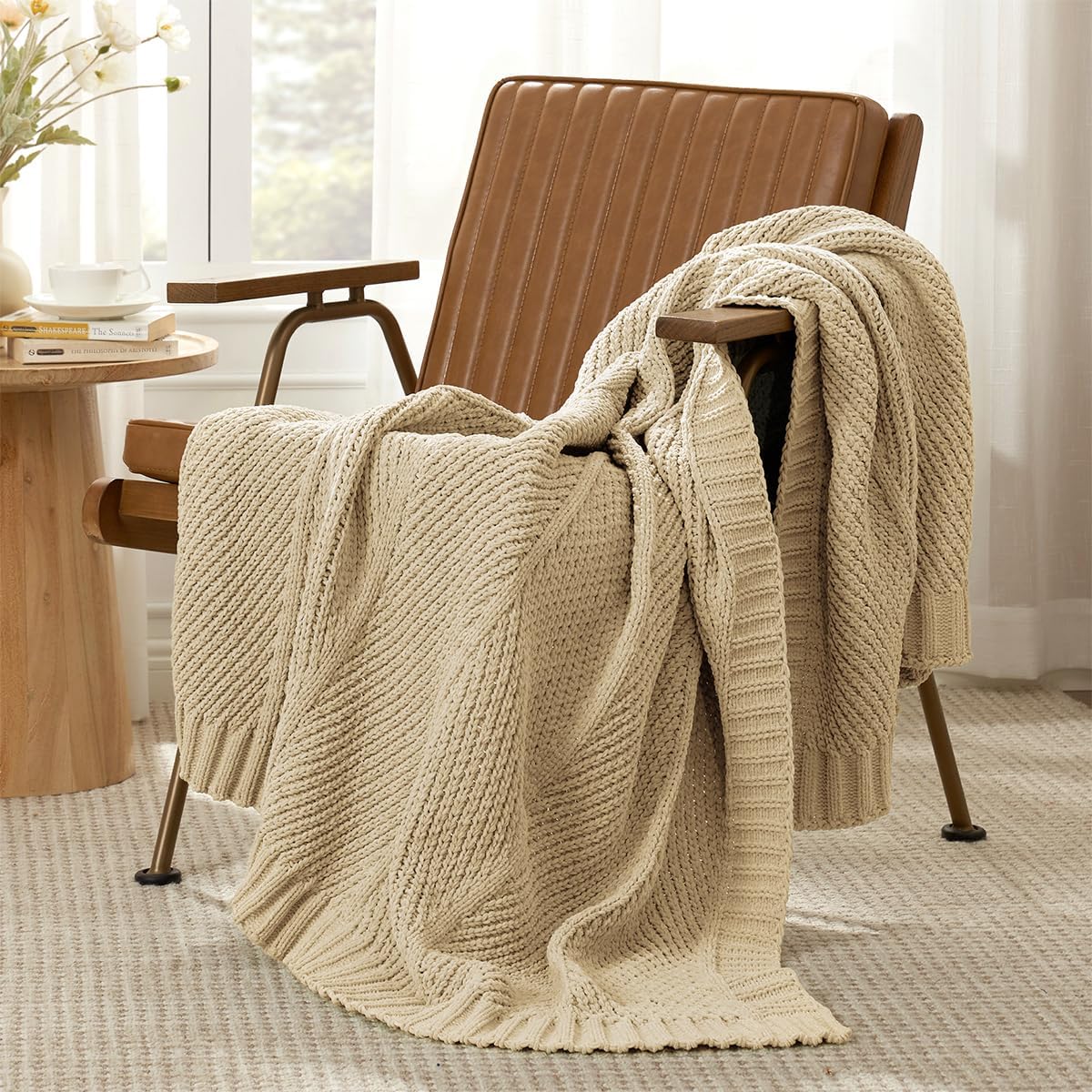 Amélie Home Chevron Chenille Knit Throw Blanket for Couch, Cozy Texture Decorative Soft Blanket for Sofa & Chair, 60"x80", Beige