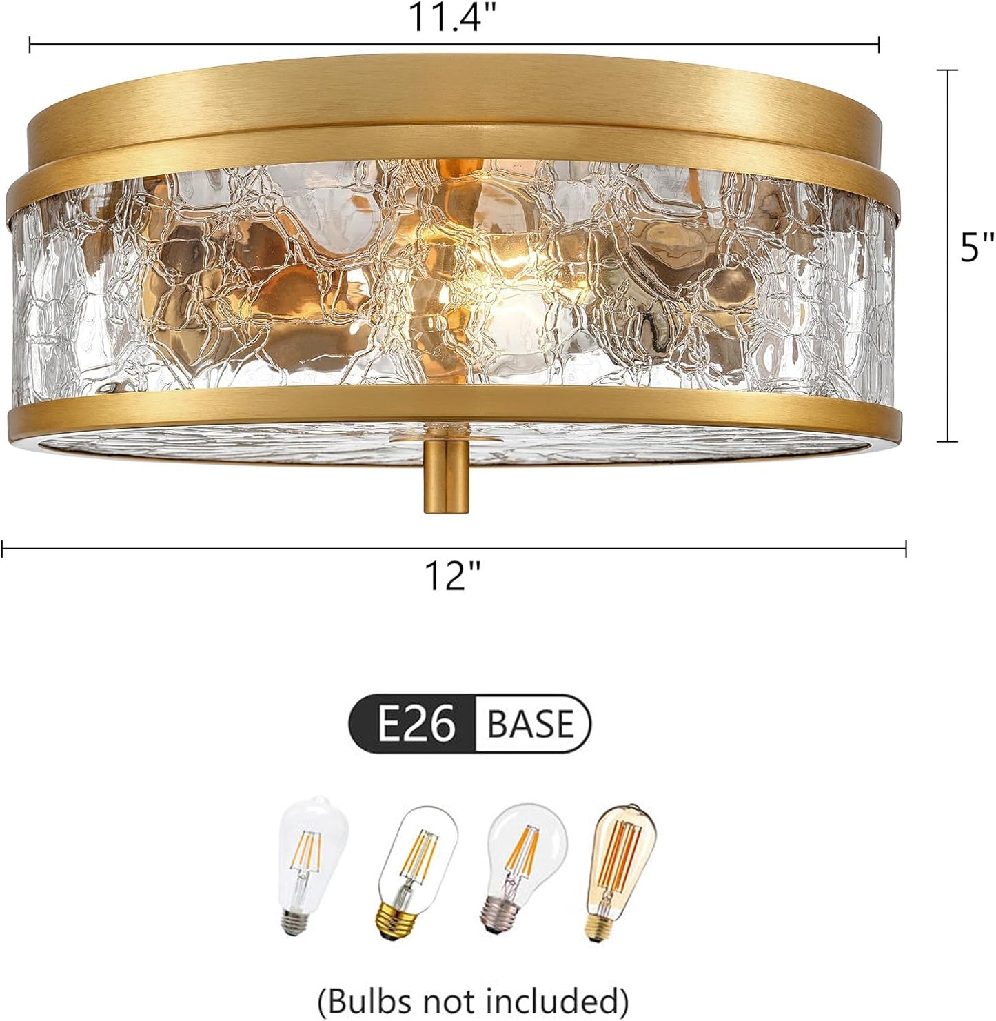 LamQee 12 Inch Flush Mount Ceiling Light with Crackled Glass Shade, 2-Lights Modern Farmhouse Close To Ceiling Lighting Fixture for Hallway Kitchen Bedroom Bathroom Foyer Entryway, Brushed Gold Finish