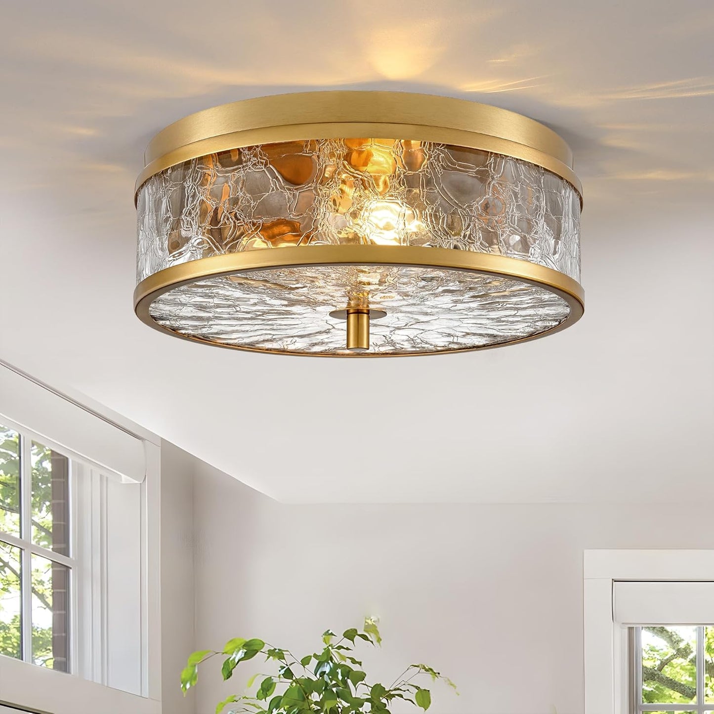 LamQee 12 Inch Flush Mount Ceiling Light with Crackled Glass Shade, 2-Lights Modern Farmhouse Close To Ceiling Lighting Fixture for Hallway Kitchen Bedroom Bathroom Foyer Entryway, Brushed Gold Finish
