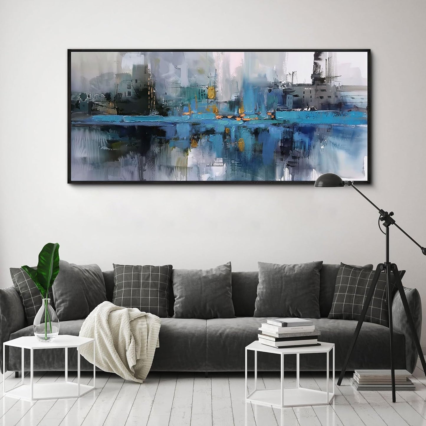 yiijeah Extra Large Canvas Frame Wall Art - Abstract Picture Large Decor for Living Room Blue and White Paintings Big Artwork for Wall Oversized Office Bedroom Home Decor