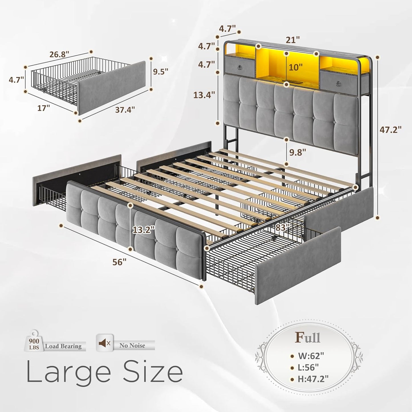 EnHomee Full Size Bed Frame with Upholstered Headboard and 6 Storage Drawers,Bed Frame Full with LED Lights and Charging Station,no Box Spring Needed,No Noise, Easy Assembly,Velvet,Sturdy,Soft,Grey