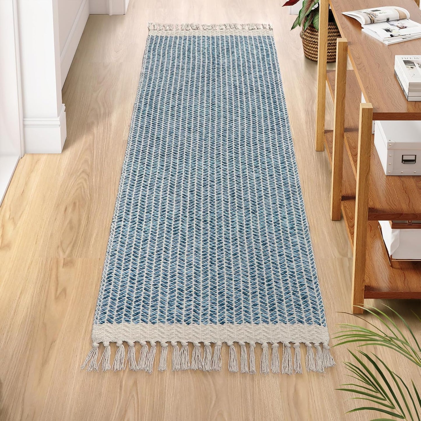 Lahome Boho Kitchen Runner Rugs, 2x6 Laundry Room Rug Lightweight Bathroom Runner Woven Cotton Throw Mat with Tassels, Farmhouse Washable Blue Rug Low Pile Runners for Hallways Entry