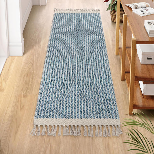 Lahome Boho Kitchen Runner Rugs, 2x6 Laundry Room Rug Lightweight Bathroom Runner Woven Cotton Throw Mat with Tassels, Farmhouse Washable Blue Rug Low Pile Runners for Hallways Entry