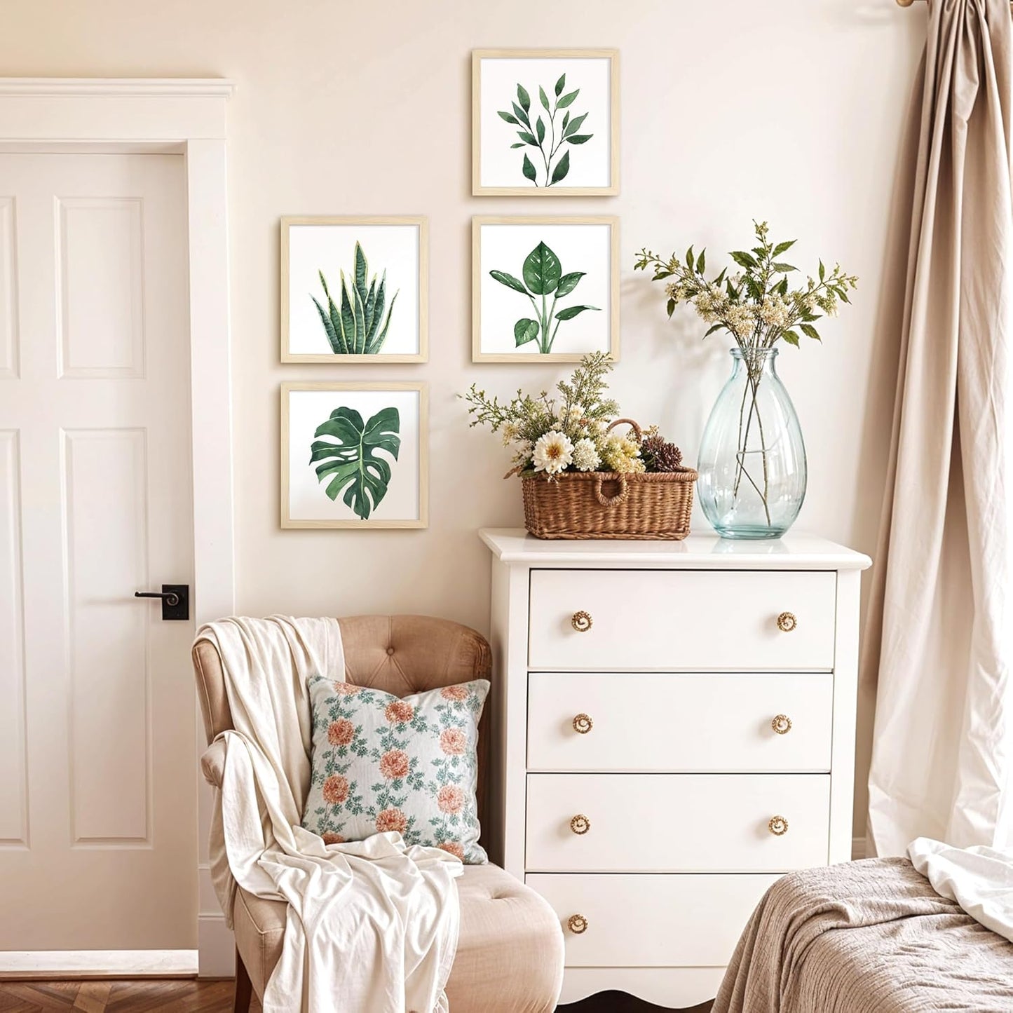 ArtbyHannah Framed Bathroom Wall Decor, 10x10 Inch Botanical Wall Art with Sage Green Plant Print for Wall Decoration, Minimalist Restroom Decor (Natural)